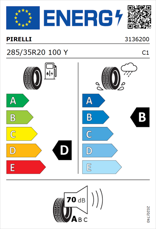 Tyre Label for Pirelli P Zero 285/35R20 100Y