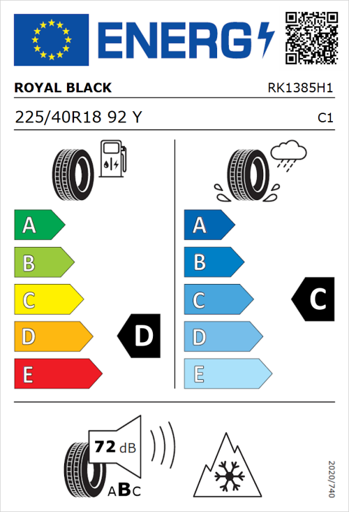 Tyre Label for Royal Black Royal A/S 225/40R18 92Y