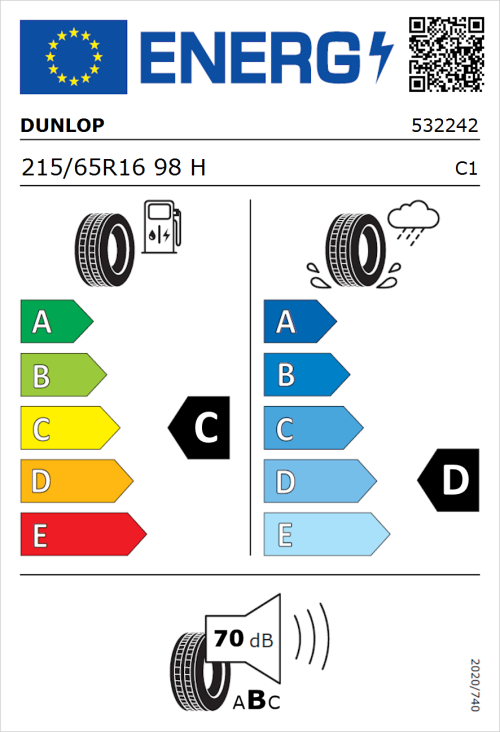 Tyre Label for Dunlop Grandtrek ST20 215/65R16 98H