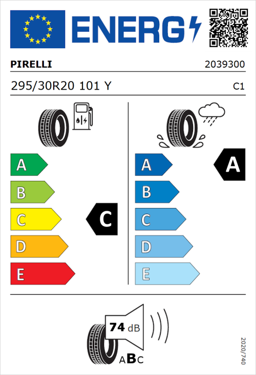 Tyre Label for Pirelli P Zero 295/30R20 101Y
