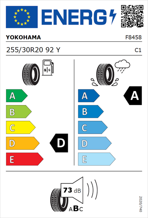 Tyre Label for Yokohama V105S 255/30R20 92Y