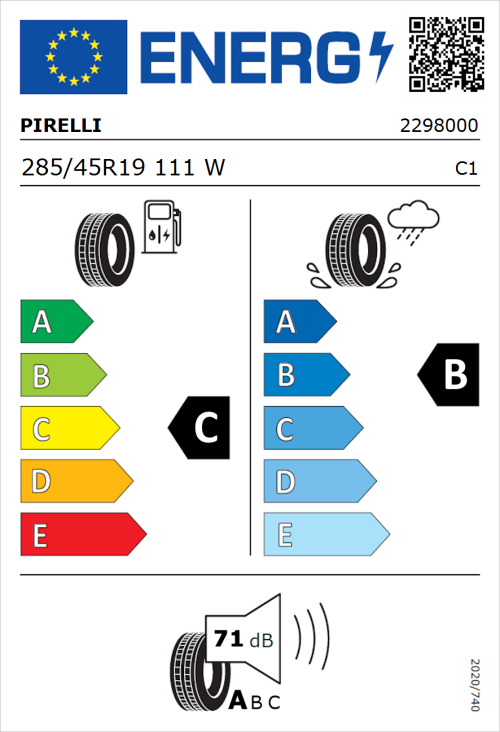 Tyre Label for Pirelli Scorpion Verde RFT 285/45R19 111W