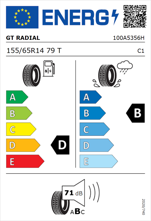 Tyre Label for GT Radial FE1 City 155/65R14 79T