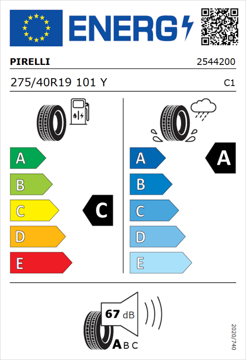 Tyre Label for Pirelli P Zero 275/40R19 101Y