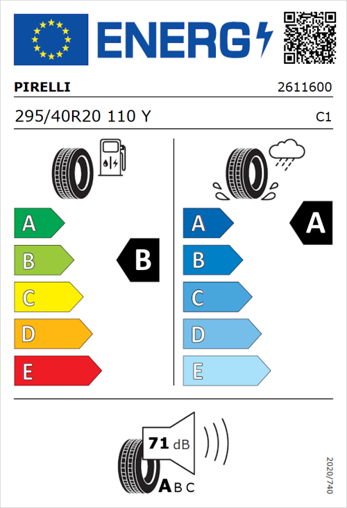 Tyre Label for Pirelli P Zero 295/40R20 110Y