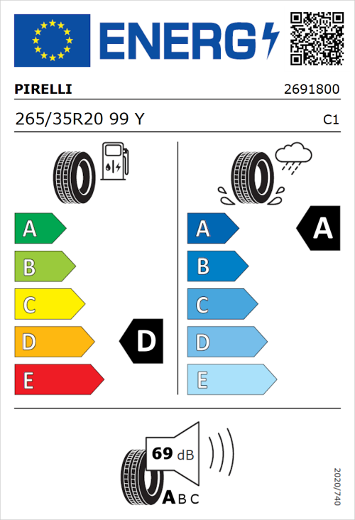 Tyre Label for Pirelli P Zero 265/35R20 99Y