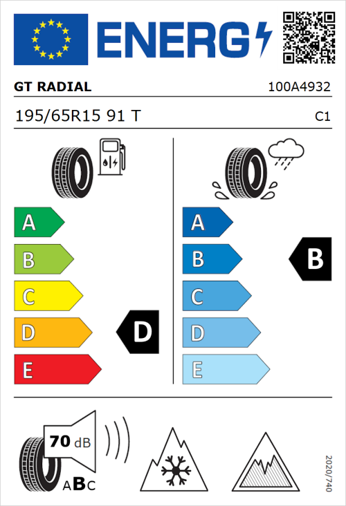 Tyre Label for GT Radial WinterPro2 Sport 195/65R15 91T